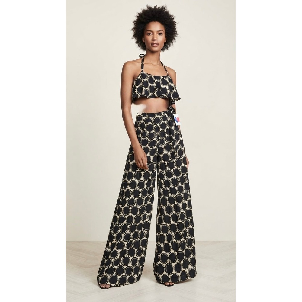 Pia Colors Womens 2 Piece Set S Black Cream Circle Print Halter Wide Leg Pant